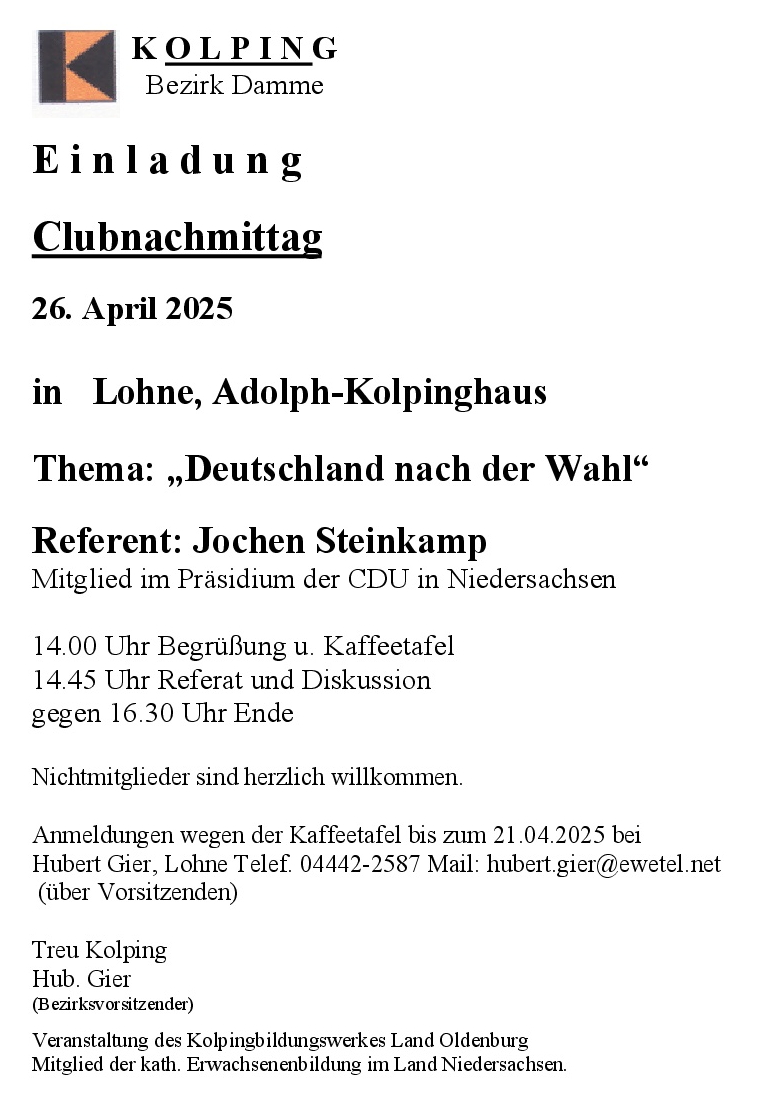20250426   Einladung Clubnachmittag in Lohne